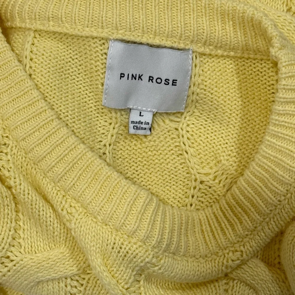 Pink Rose Pale Yellow Cable Knit Cropped Scoop Neck Sweater